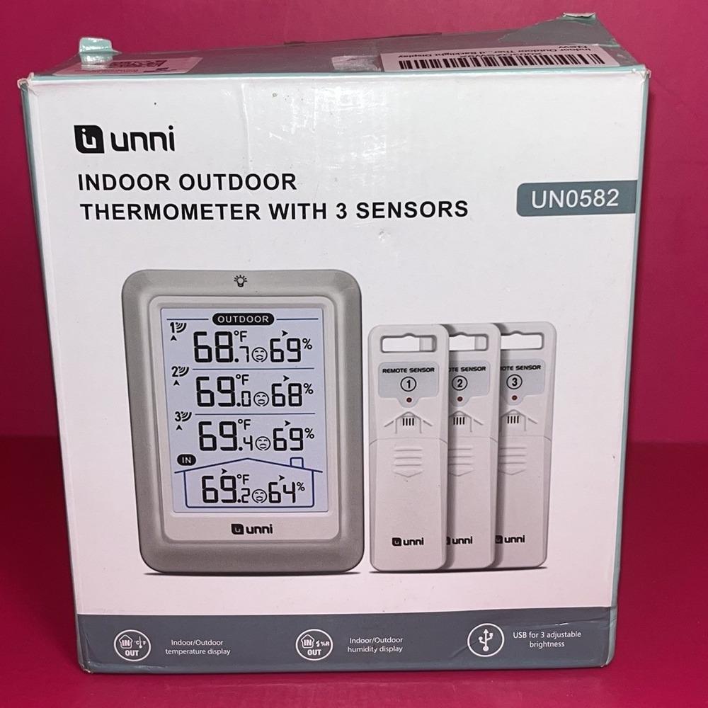 New Open Box Unni Indoor Outdoor Thermometer with 3 Sensors UN0582 Thermostat